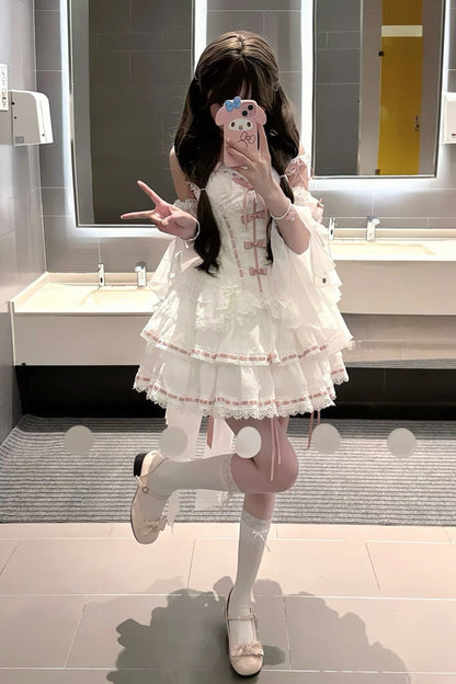 White Little Love Song Detachable Flared Sleeves Ruffle Bow Lace Sweet Set