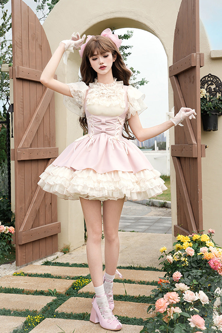 Pink Multi-Tier Ruffle Bow Lace-Up Sweet Lolita Corset Gown - Love Diary