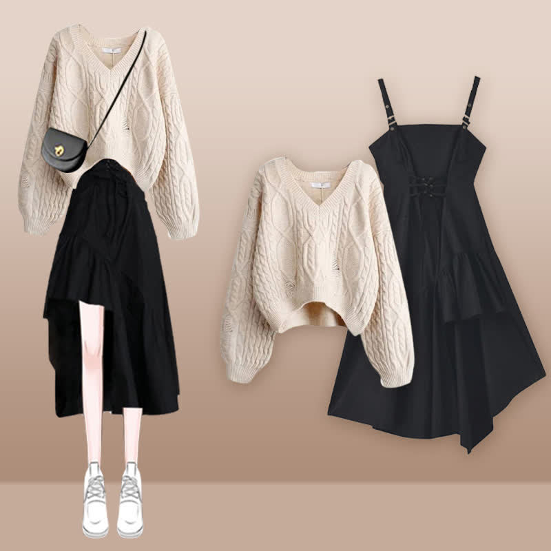 Cable Set Sweater Slip Irregular Up Knit Dress Lace