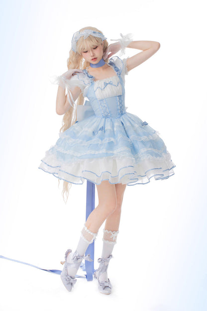 Blue Multi-layer Ruffle Bowknot Lace-Up Ballet Style Sweet Princess Lolita Tiered Dress