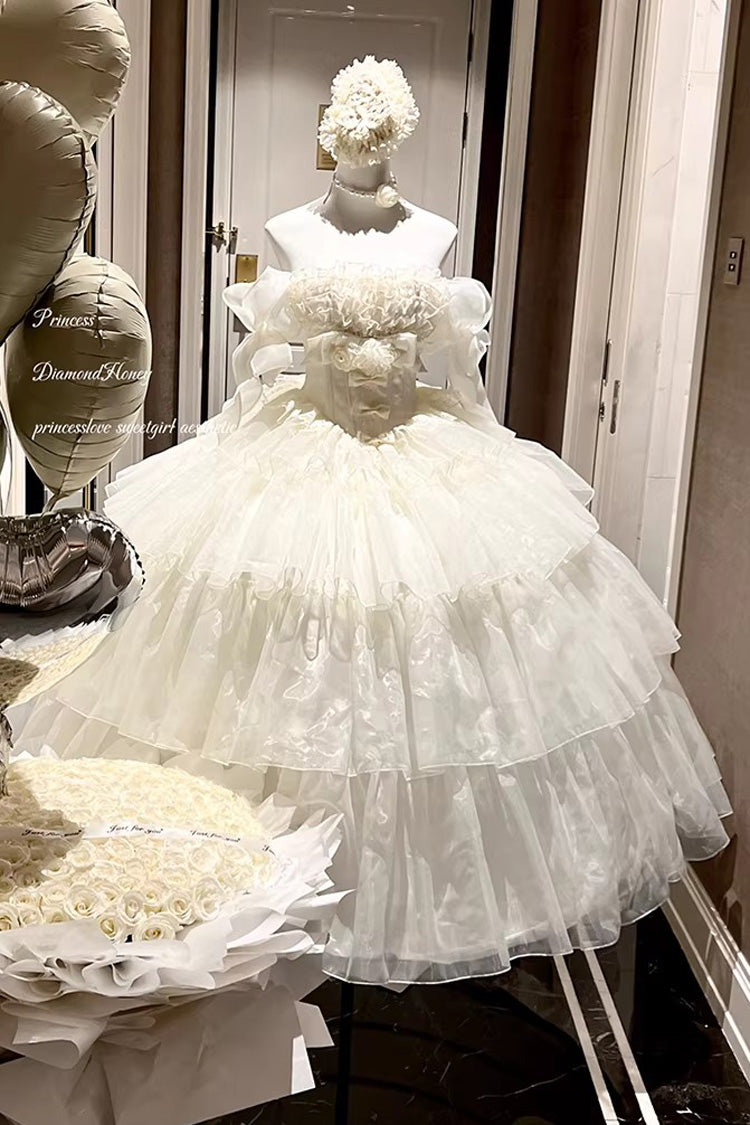 Off White Mousse Love Song Sleeveless Multi Layer Ruffle Hanayome Bow Sweet Lolita Dress