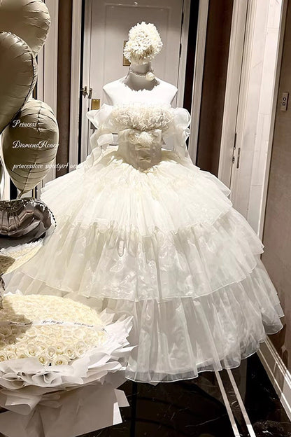 Off White Mousse Love Song Sleeveless Multi Layer Ruffle Hanayome Bow Sweet Lolita Dress