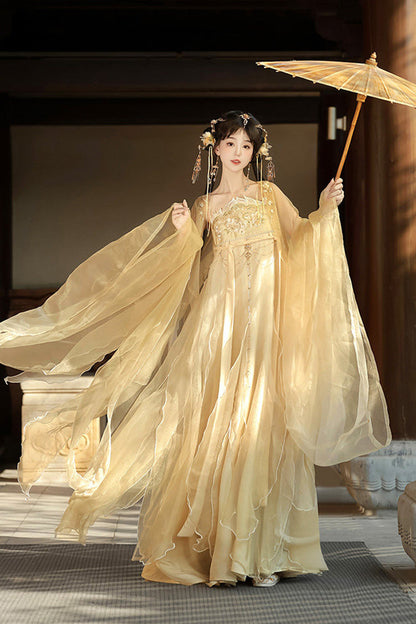 Golden Hime-Sleeve High-Waist Embroidered Classic Hanfu Set