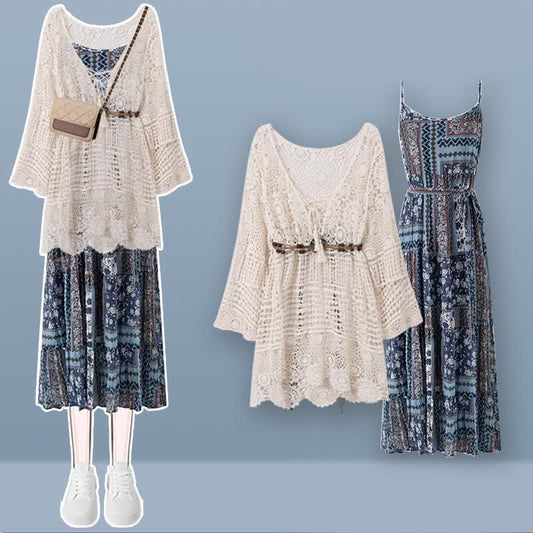 Boho-Kleid mit Häkel- und Aushöhlungsoberteil und Vintage-Blumendruck 