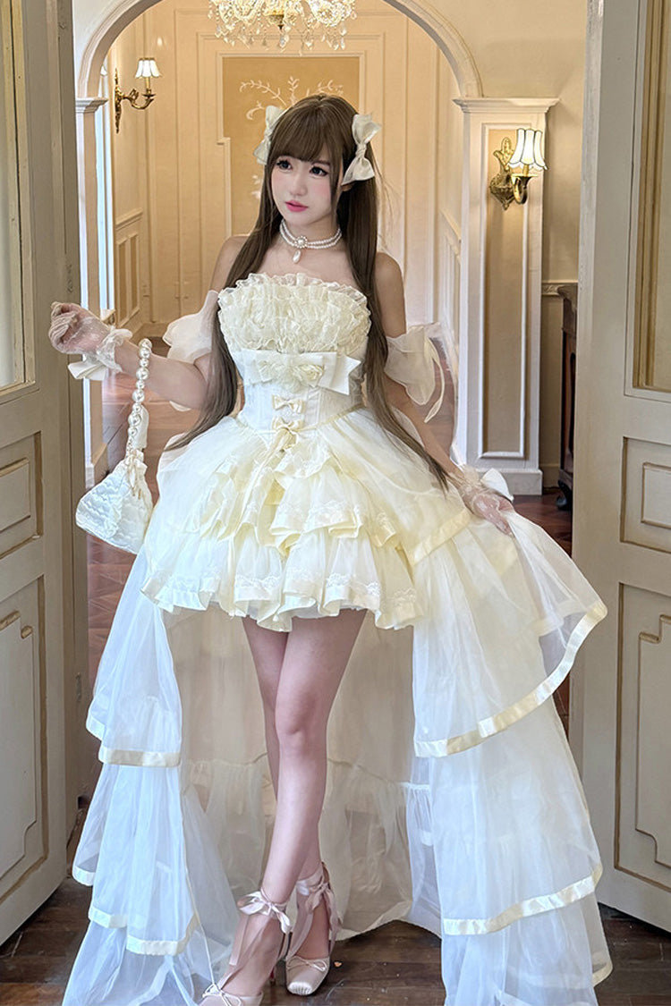 Mousse Love Song Off-Shoulder Sleeveless Triple-Layered Ruffled Hanayome Bow Sweet Elegant Ballet Lolita Short Dress Set in Beige