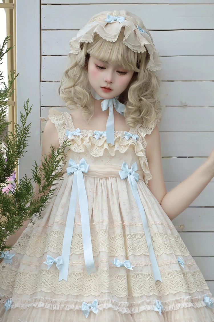 Little Wind Chime Sleeveless Multi-Layered Printed Ruffled Bow Lace Sweet Elegant Princess Lolita JSK Dress in Beige