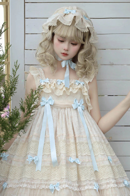 Little Wind Chime Sleeveless Multi-Layered Printed Ruffled Bow Lace Sweet Elegant Princess Lolita JSK Dress in Beige