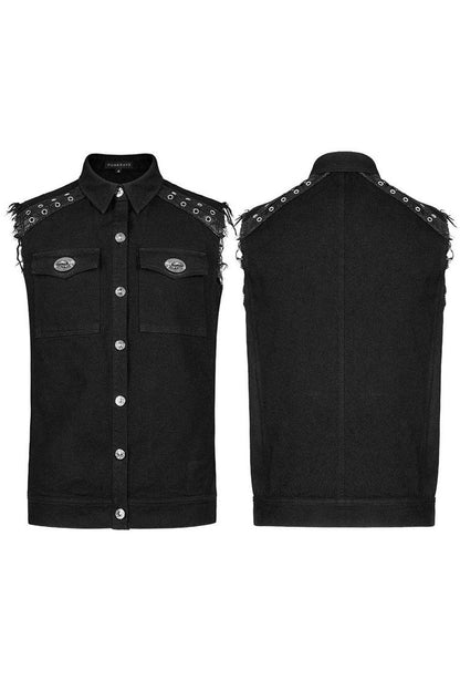 Mens Sleeveless Twill Vest with Flap Pockets and Metal Accents