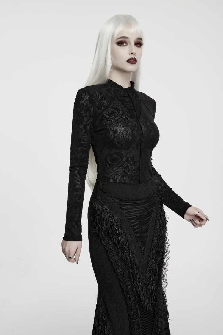 Gothic Top for Her with High Collar and Rose Jacquard Lace, Slim Fit