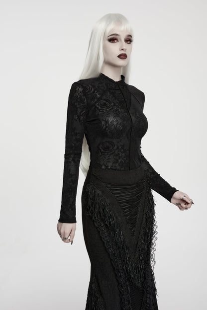 Gothic Top for Her with High Collar and Rose Jacquard Lace, Slim Fit