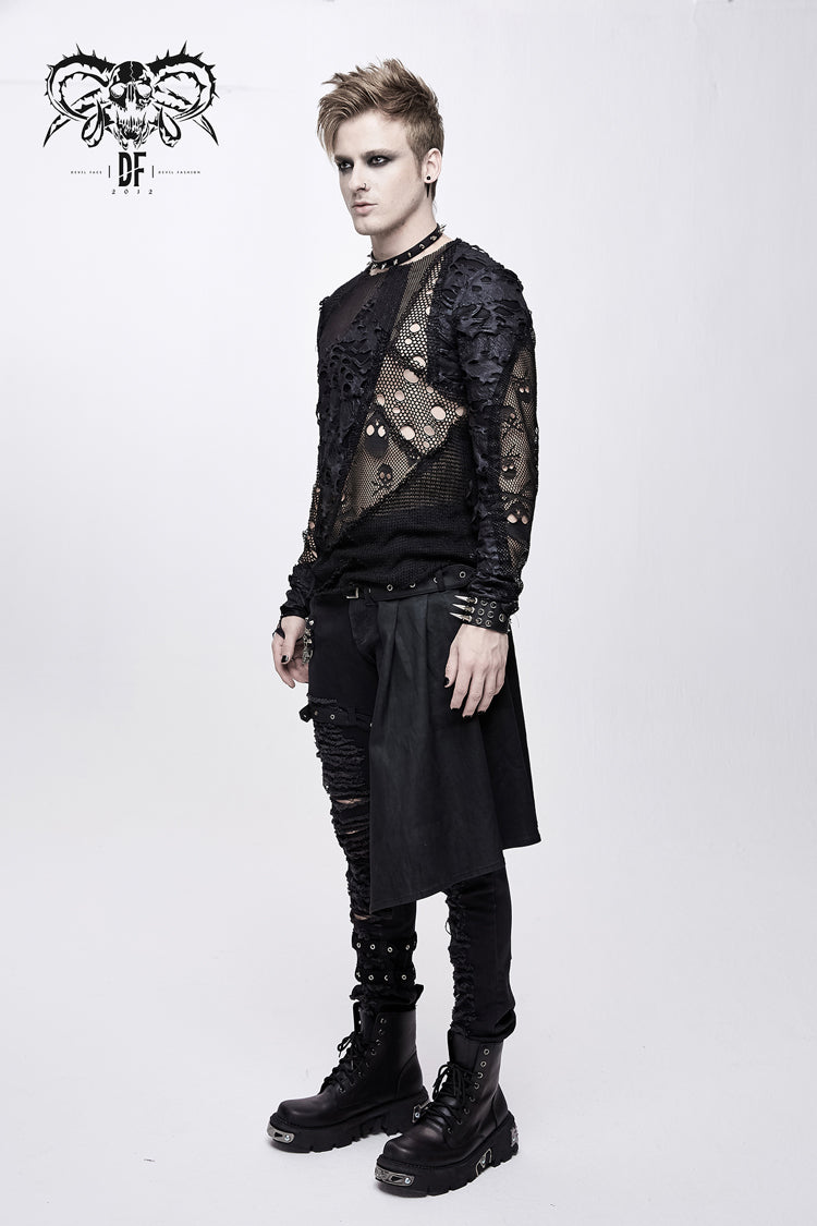 Punk T-Shirt for Men with Mesh Stitching and Round Collar