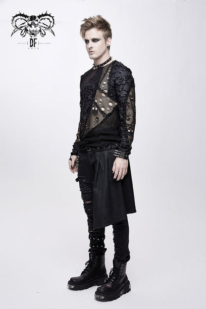 Punk T-Shirt for Men with Mesh Stitching and Round Collar