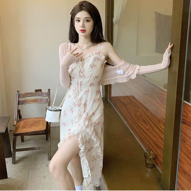 Dress Print Set Cardigan Floral Slip Split Elegant