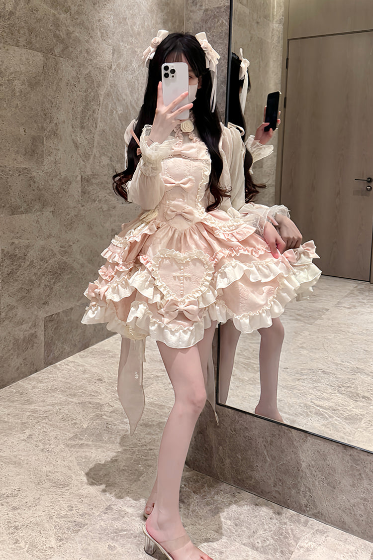 Pink Heart of Butterfly Halterneck Sleeveless Multi-Layer Ruffle Embroidery Princess Ballet JSK Dress Set