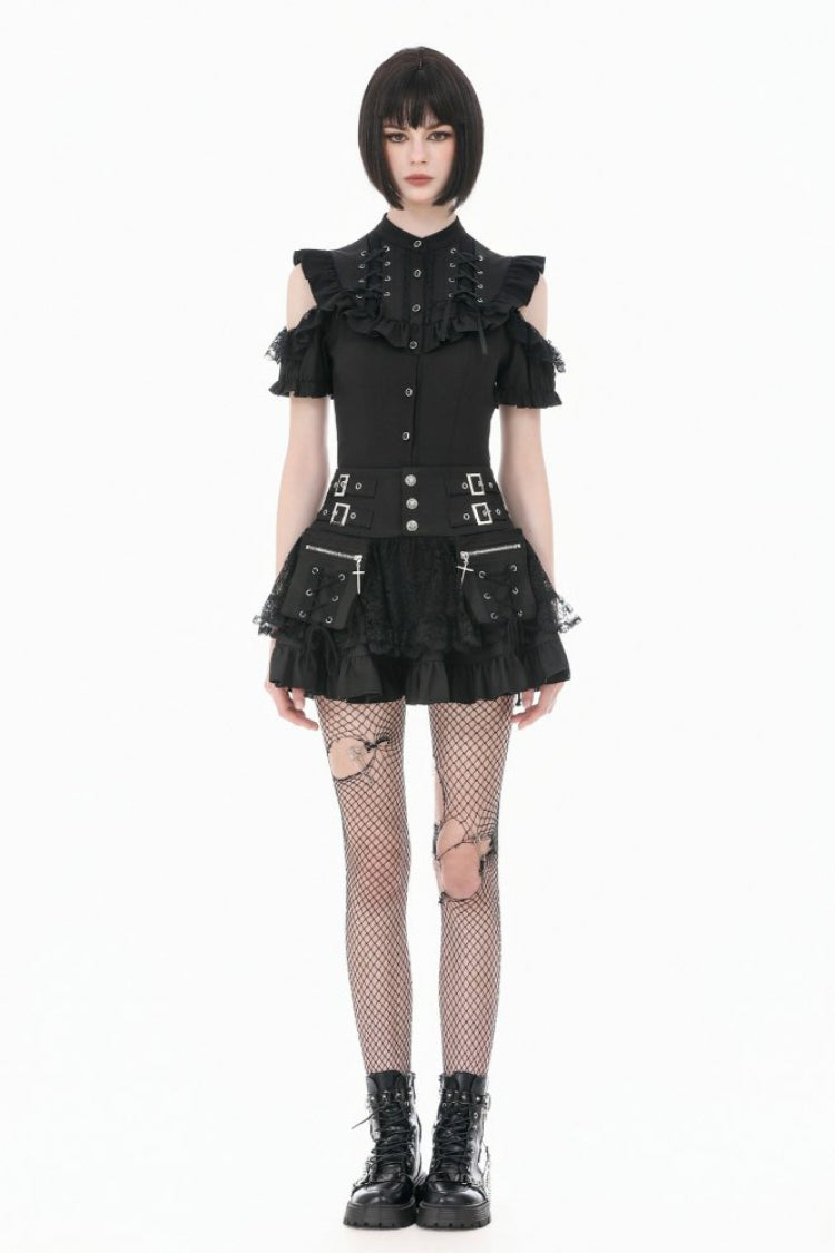 Gothic Blouse with Mandarin Collar and Puff Sleeves