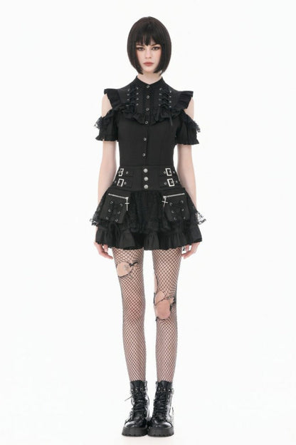 Gothic Blouse with Mandarin Collar and Puff Sleeves