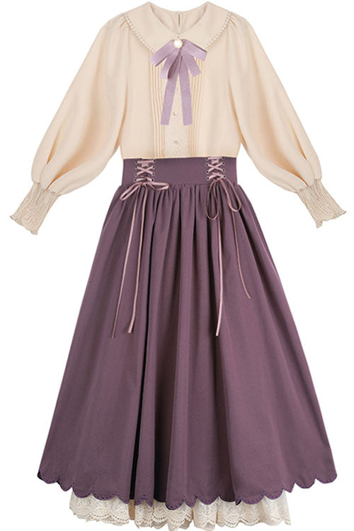 Classic Lolita Two-Piece Dress with High-Waist and Lace Wave Hem