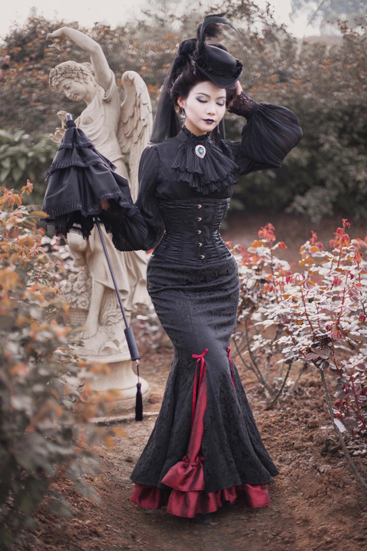 Lorelei Mermaid Maxi Skirt with Double Print and Ruffle - Noir
