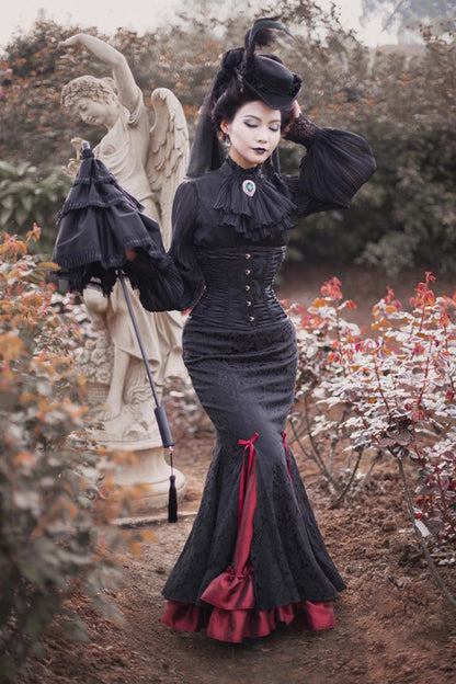Lorelei Mermaid Maxi Skirt with Double Print and Ruffle - Noir