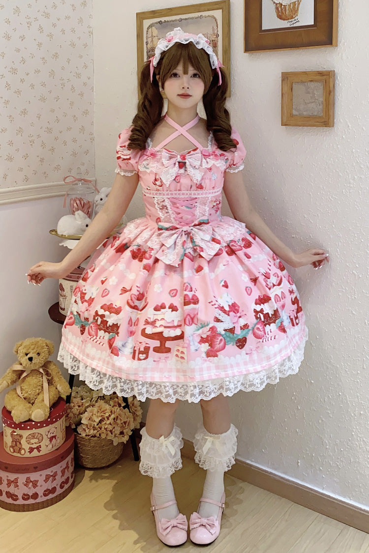 Pink Strawberry Parfait Print Short Sleeve Ruffle Bow Lace Lace-Up Sweet Lolita Dress