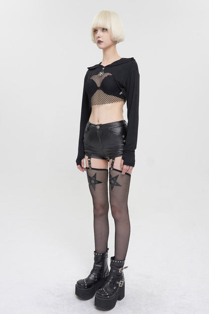 Pentagram Punk Shorts with Stockings in Black Faux Leather for Women
