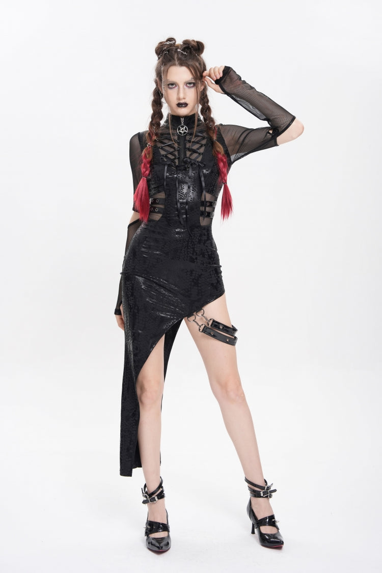 Stand Collar Long Sleeve Stitching Lace-Up Mesh Punk Dress