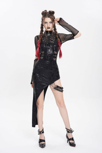 Stand Collar Long Sleeve Stitching Lace-Up Mesh Punk Dress