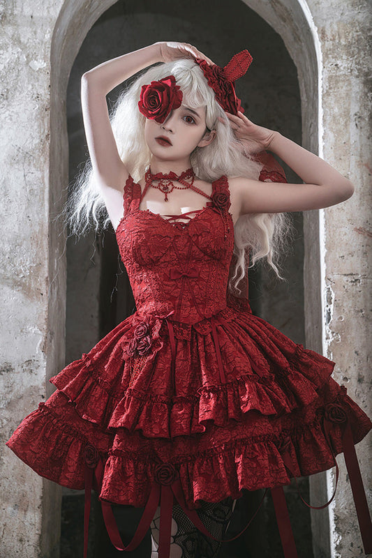 Weeping Rose Double-Layer Ruffle Embroidered Bow Lace Gothic Ballet Set