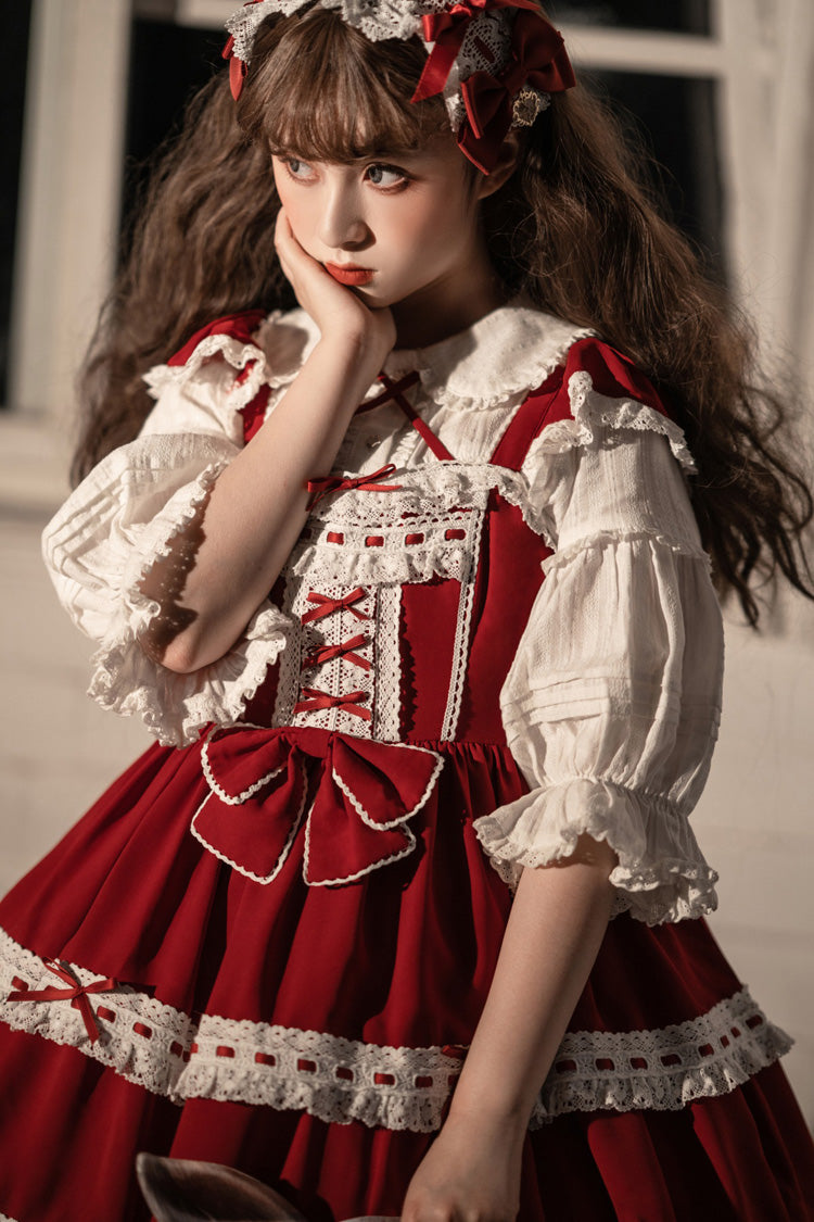 Red Antique Dolls Sweet Lolita Triple-Layered Bowknot JSK Dress