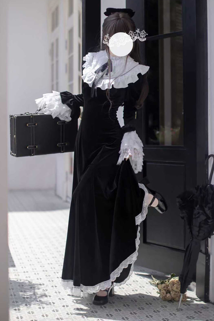 Velvet Gothic Elegant Fishtail Dress with Long Hime Sleeves and Bow - Raven-Feather Poetic Letter