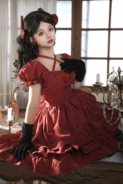 Crimson Thorned Rose Short Sleeve Multi-Layer Ruffle Bow Princess Lolita Dress