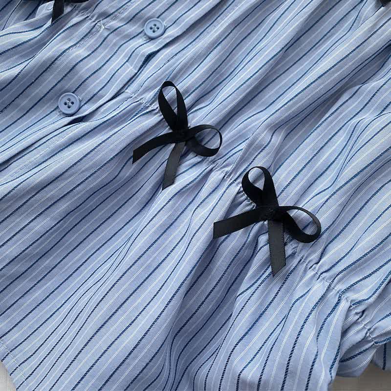 Hollow Puff Hem Shorts Lace T-Shirt Out Sleeve Stripe Bowknot