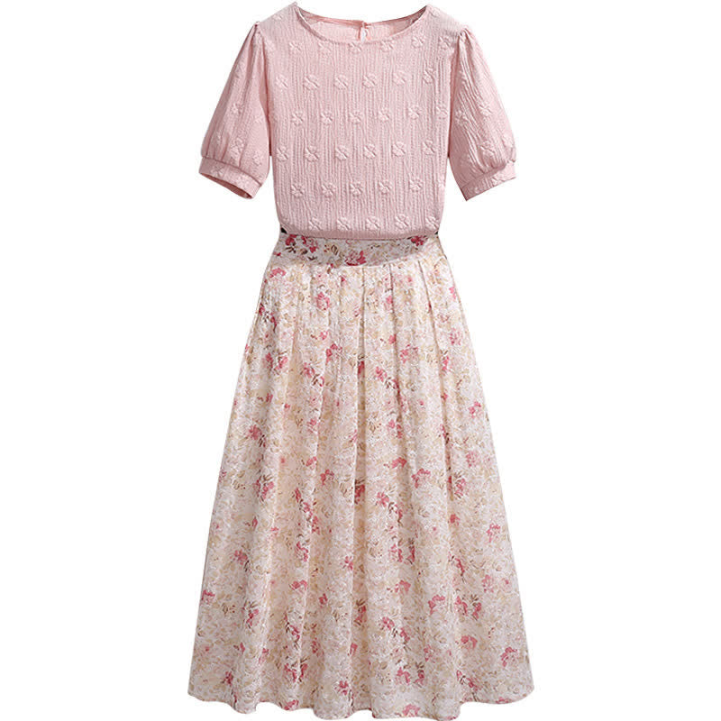 Pink Puff Sleeve T-Shirt Floral Print Pleated Skirt