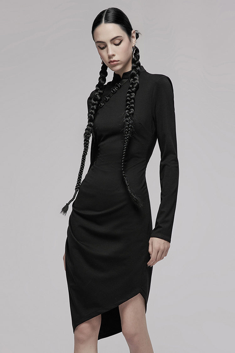 Improved Cheongsam Pointed Hem Drawstring Black Punk Dress