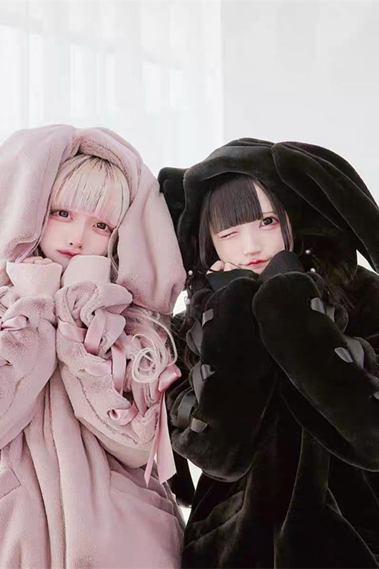 Pink Rabbit Ear Bow Lace-Up Hooded Coat
