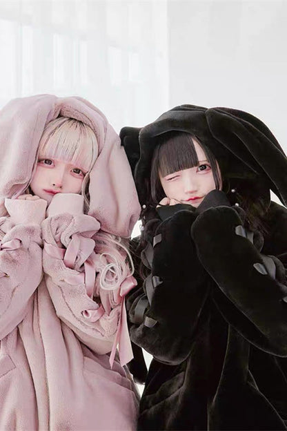 Pink Rabbit Ear Bow Lace-Up Hooded Coat