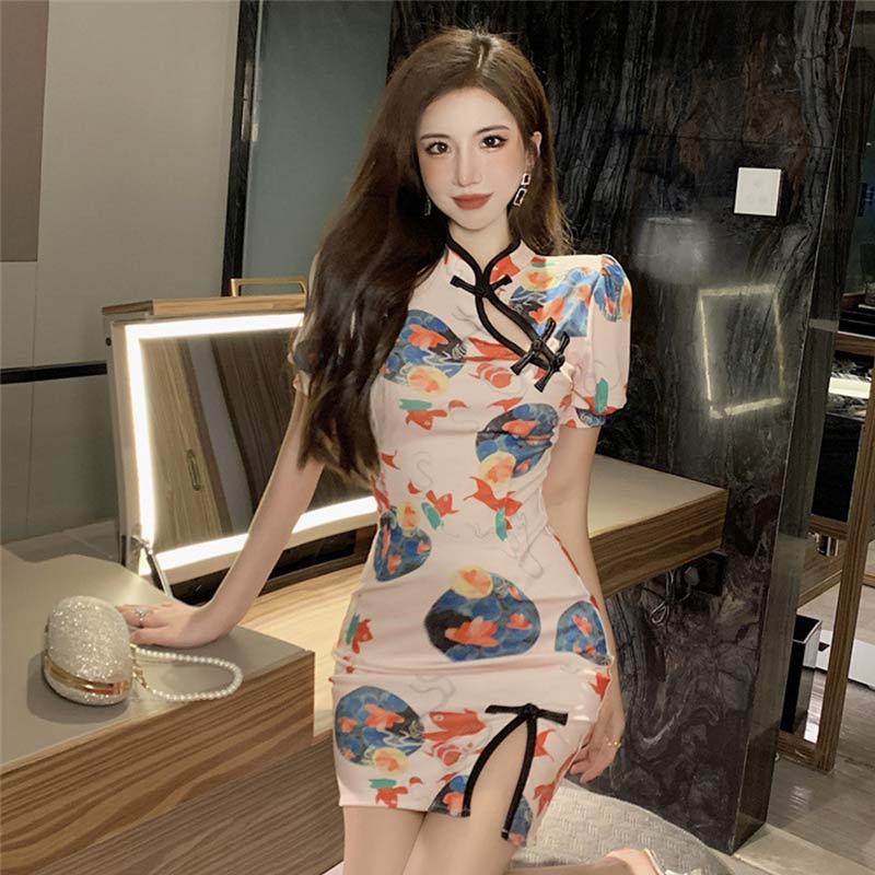 Charming Blue Floral Buckle Split Cheongsam Dress