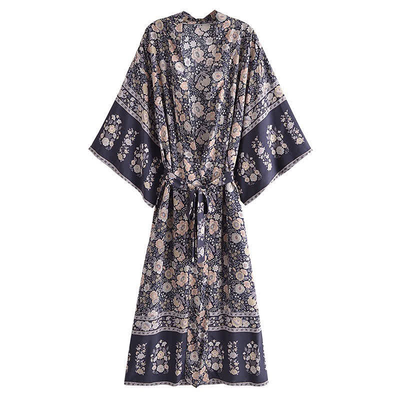 Boho Beach Print Belt Robe Long Cardigan Outerwear