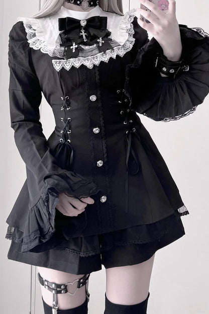Japanese Jirai Kei Ruffle Dress Set with Flared Sleeves