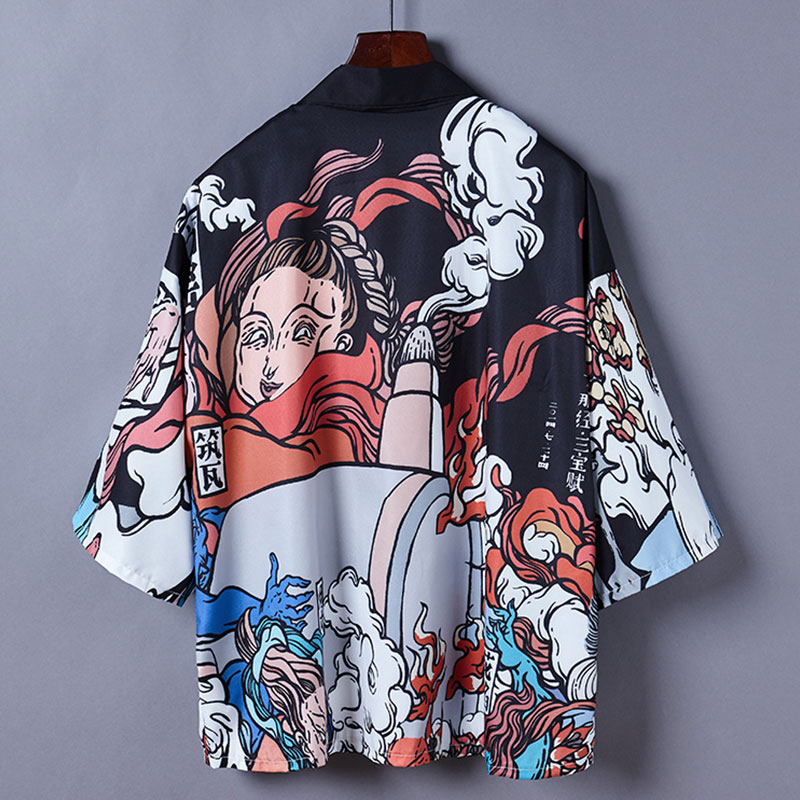 Cartoon Fire Print Casual Vintage Kimono Outerwear