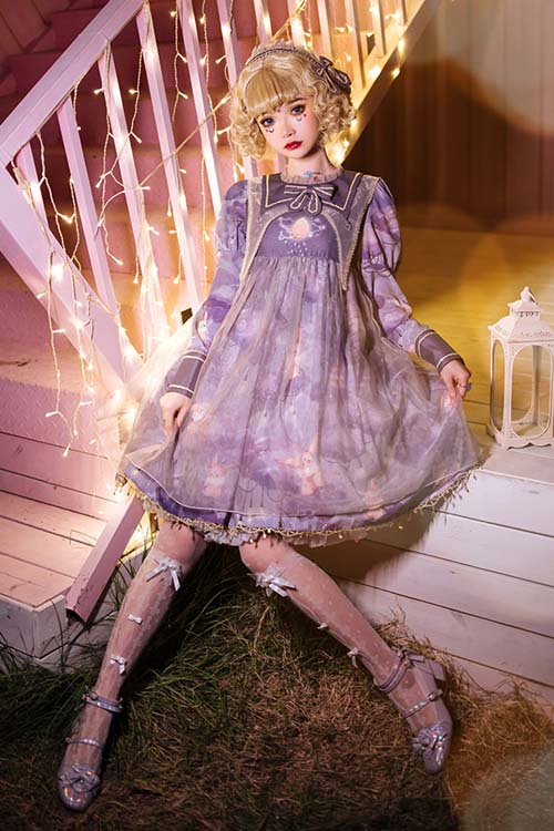 Light Blue Sweet Lolita OP Dress with Round Neck and Lace Veil