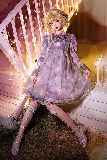 Light Blue Sweet Lolita OP Dress with Round Neck and Lace Veil