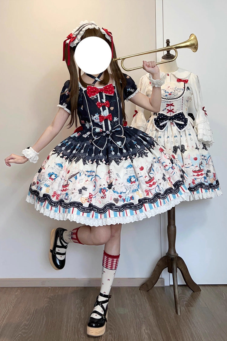 Square Collar Printed Bowknot Lace Sweet Dress