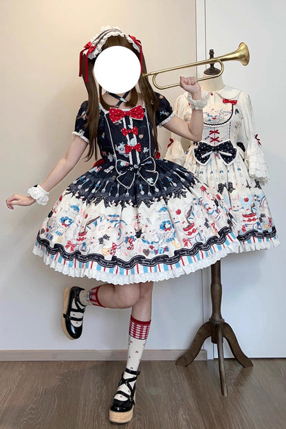 Square Collar Printed Bowknot Lace Sweet Dress