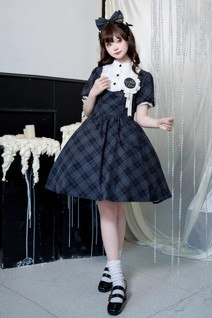 Showa Girls Summer Plaid Short Sleeves Classic Princess Lolita Dress