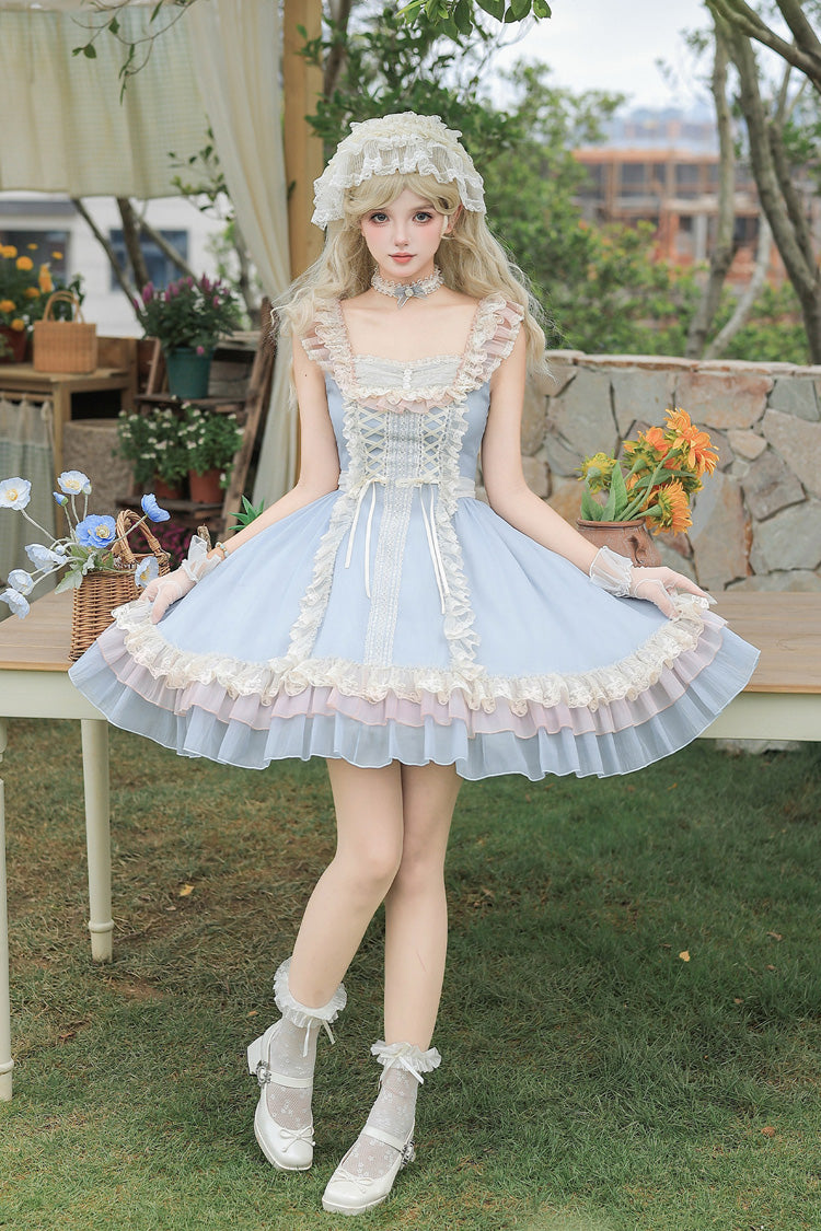 Square Collar Flutter Sleeve Triple Ruffled Lace-Up Sweet Lolita JSK Two Versions