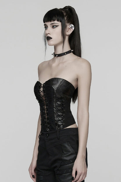 No-Sleeve Dark Corset Top with Side Zip and Lace-Up - NoirEdge