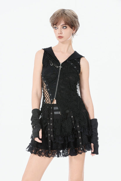 Hooded Punk Top with Ripped Mesh and Eyelets