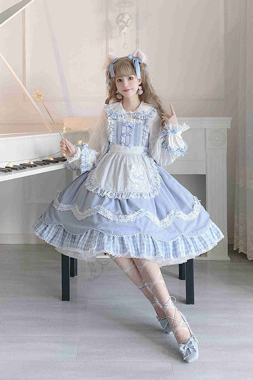 Blue JSK Dress Sweet Lolita Lapel Collar Bowknot Ruffled - Altfashion Shop