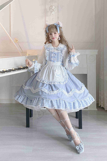 Blue JSK Dress Sweet Lolita Lapel Collar Bowknot Ruffled - Altfashion Shop